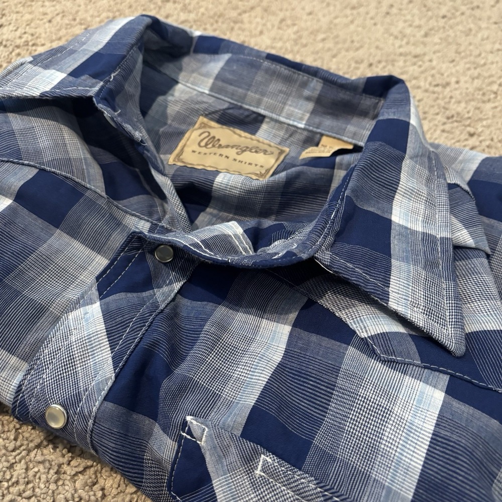 Vintage Wrangler Wrancher‎ Western Pearl Snap Shirt Blue Plaid Long Sleeve 2XL - Picture 9 of 9